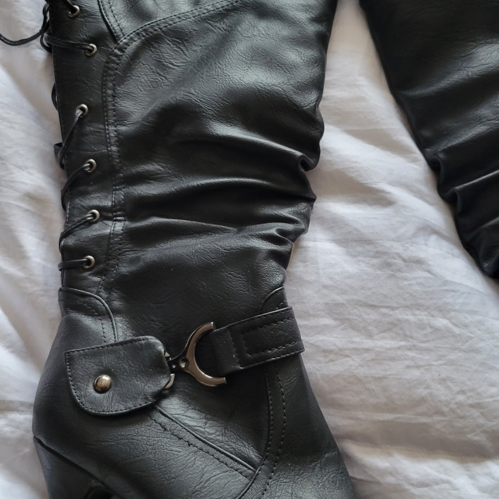 Heeled wide calf zip and lace up boot